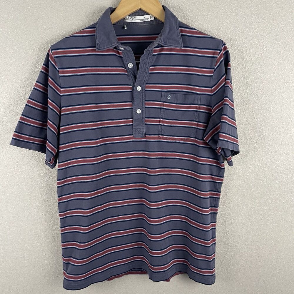 Criquet Men's M Striped Polo Shirt Gray Blue Red 100% Organic Cotton Golf Pocket